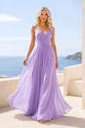 Lavender Spaghetti Strap Chiffon A Line Dress with Ruched V Neck Bodice Floor Length A Line Bridesmaid Dress front view