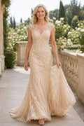 Champagne Lace Mermaid Mother Dress with Cap Sleeves Illusion Neckline and Sweep Train front view