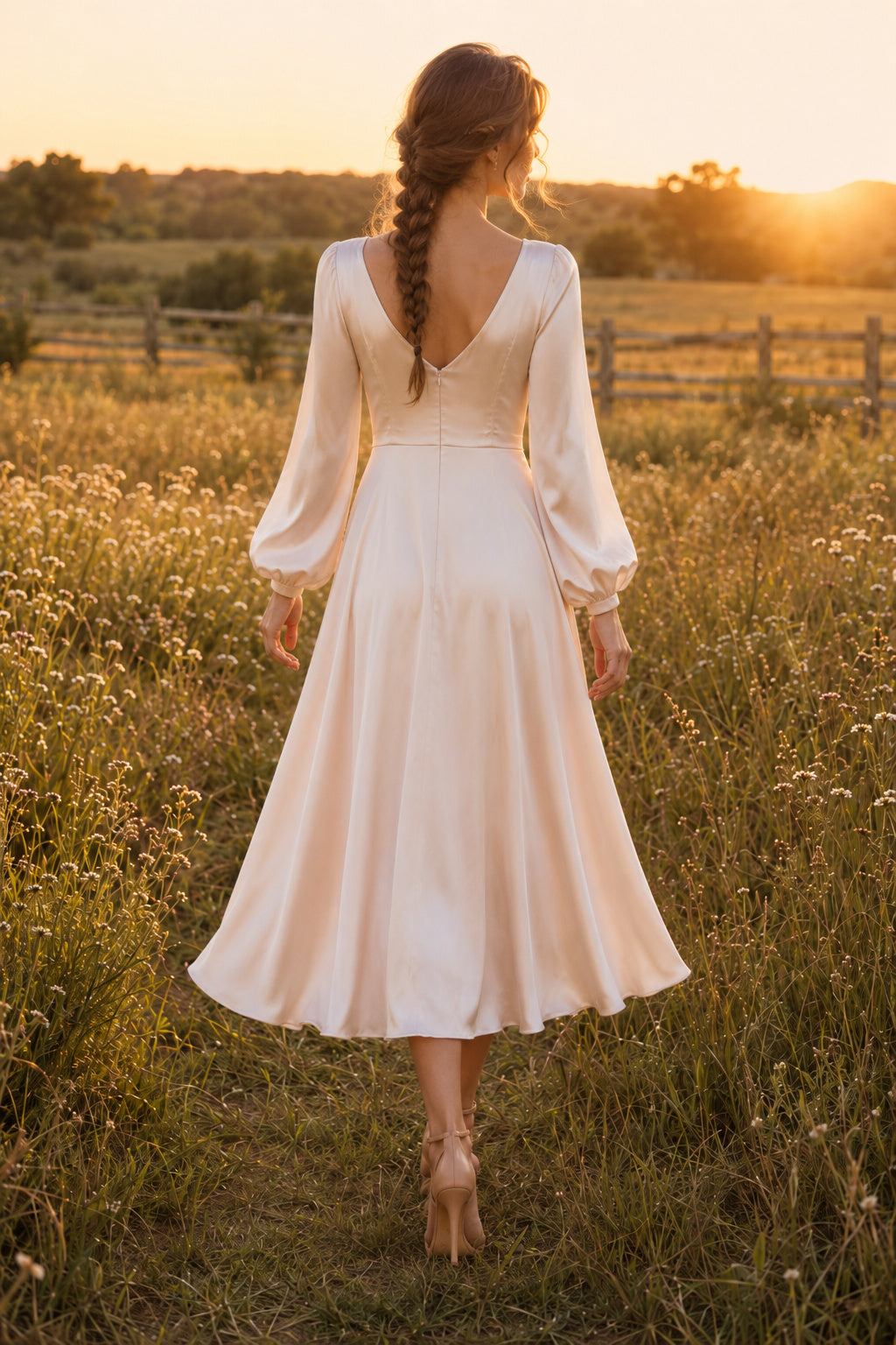 Champagne V-Neck Long Poet Sleeve Tea Length Wedding Dress for Wedding Reception and Party back view