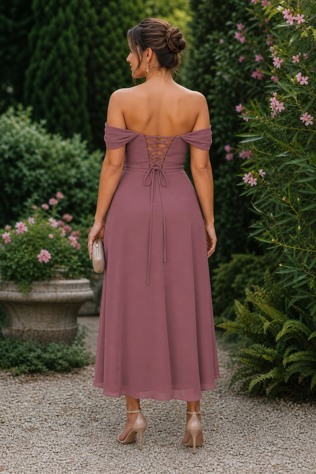 Mauve Off-the-Shoulder Midi Chiffon Wrap A-Line Dress