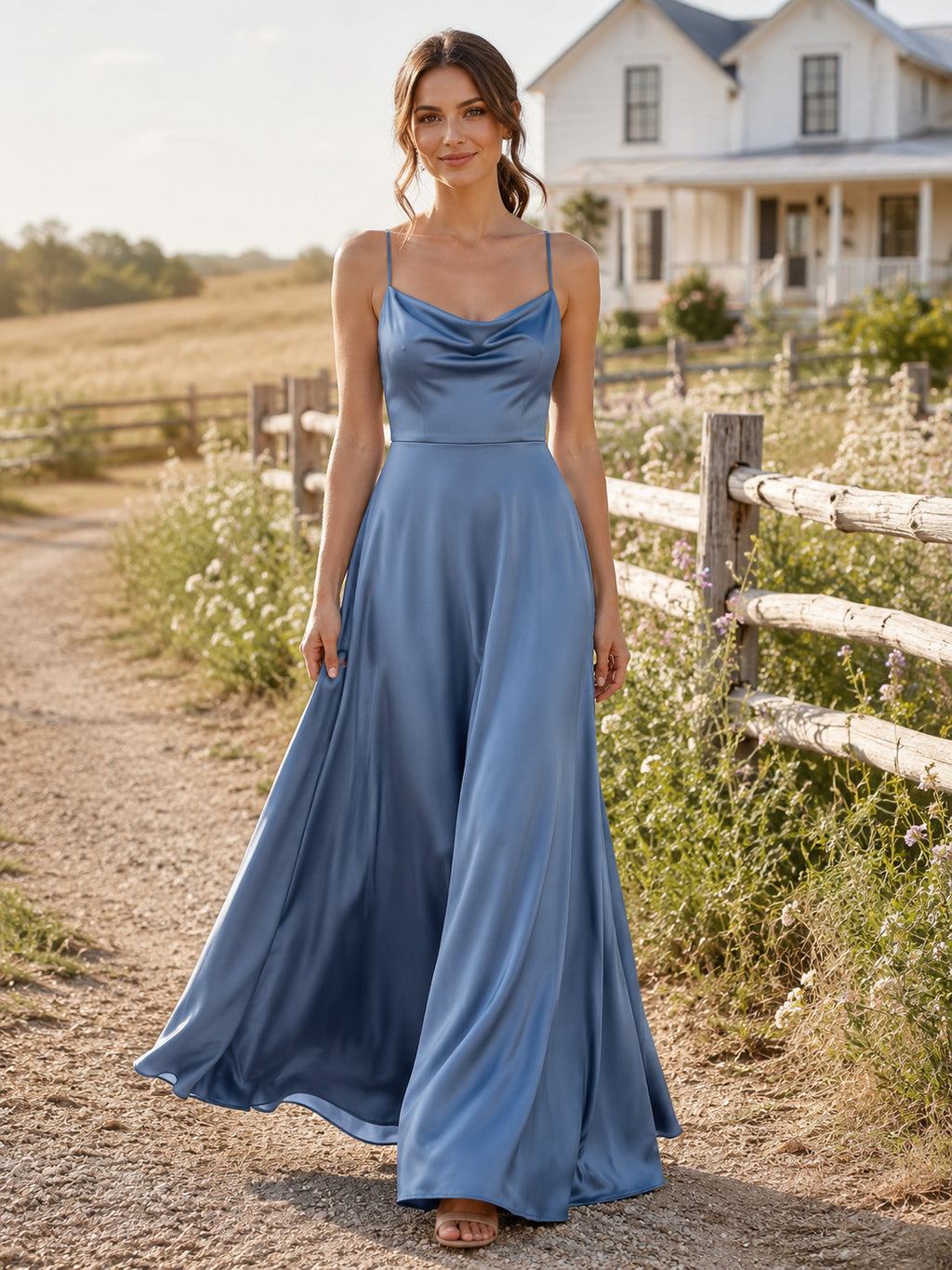 Steel Blue Satin Sheath Cowl Neck Spaghetti Strap Draped Open Back Floor-Length Bridesmaid Dress front view