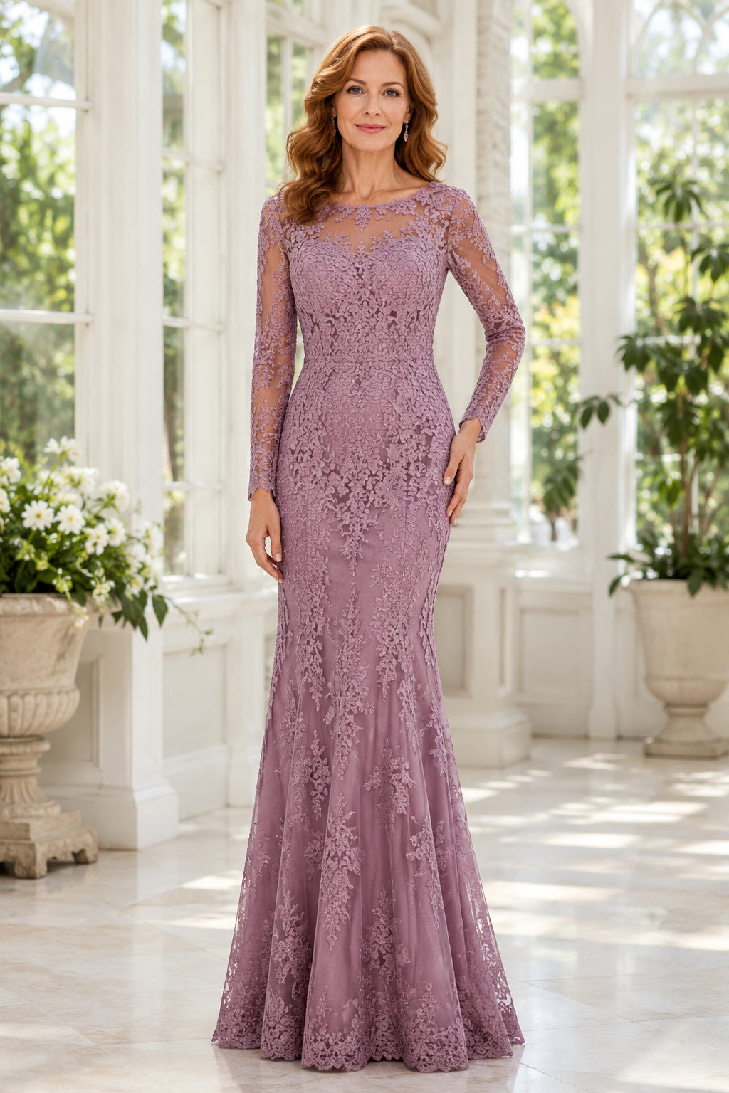 Vintage Mauve Long Sleeve Mermaid Mother Dress with Lace Overlay and Floor Skirt front view