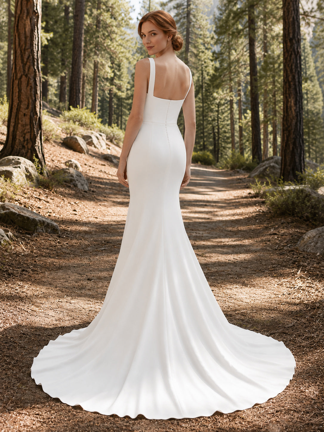 Square Neck Wide Strap Satin Mermaid Chapel Train Forest Wedding Dress back view