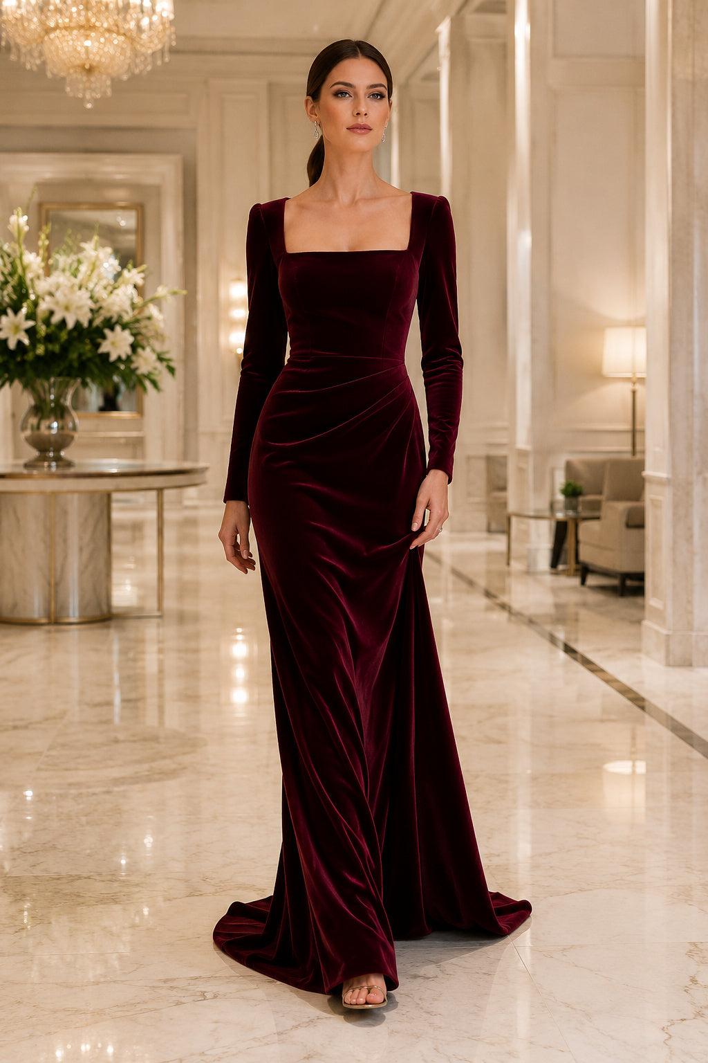 Burgundy square neck long sleeve velvet sheath gown with clean fitted skirt Floor-length And Sweep/Brush Train Sheath Evening