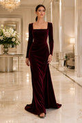 Burgundy square neck long sleeve velvet sheath gown with clean fitted skirt Floor-length And Sweep/Brush Train Sheath Evening