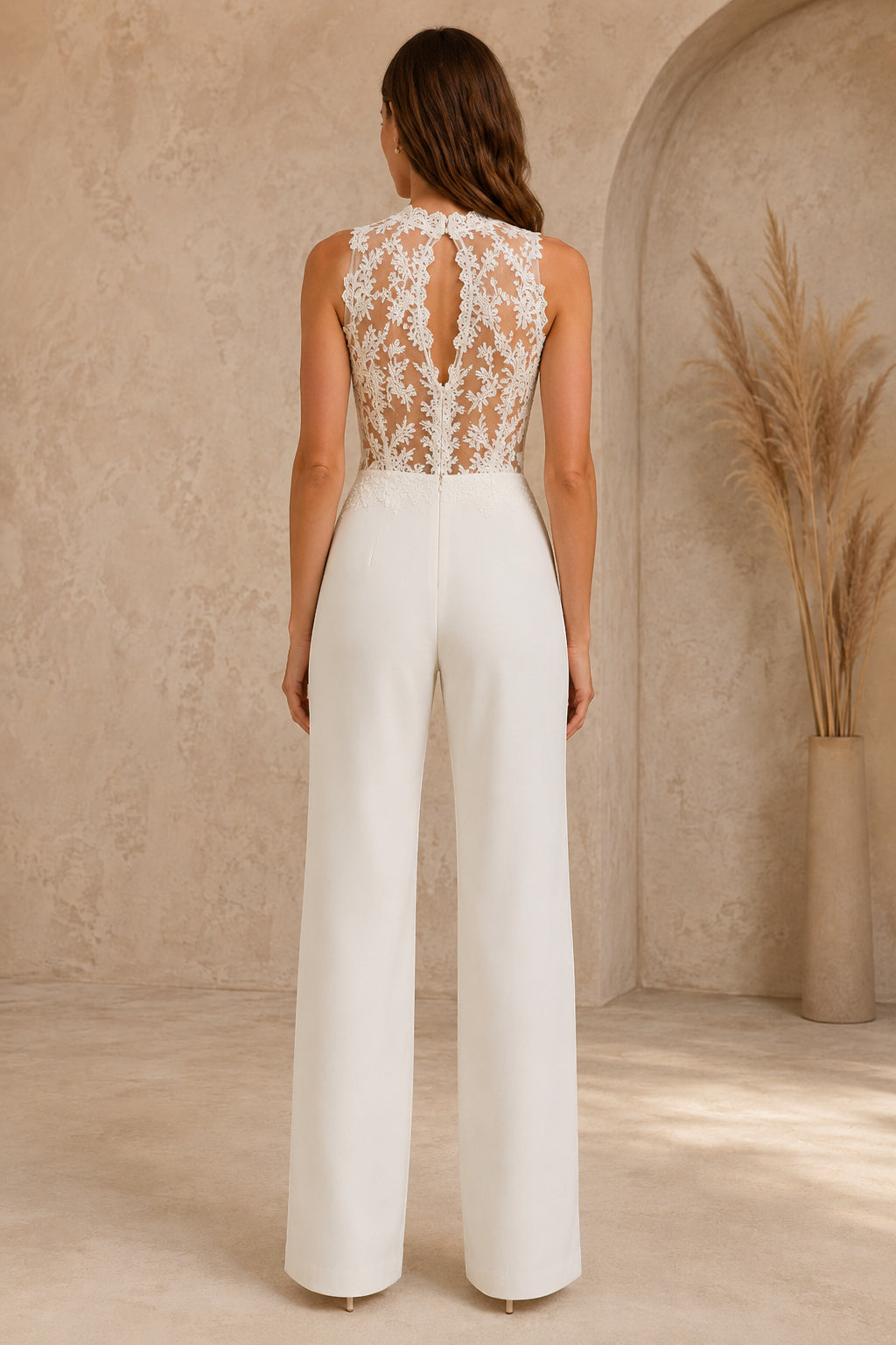 Ivory High Neck Sleeveless Lace Satin Floor-Length Bridal Jumpsuit with Illusion Lace Bodice and Wide Leg Pants back view