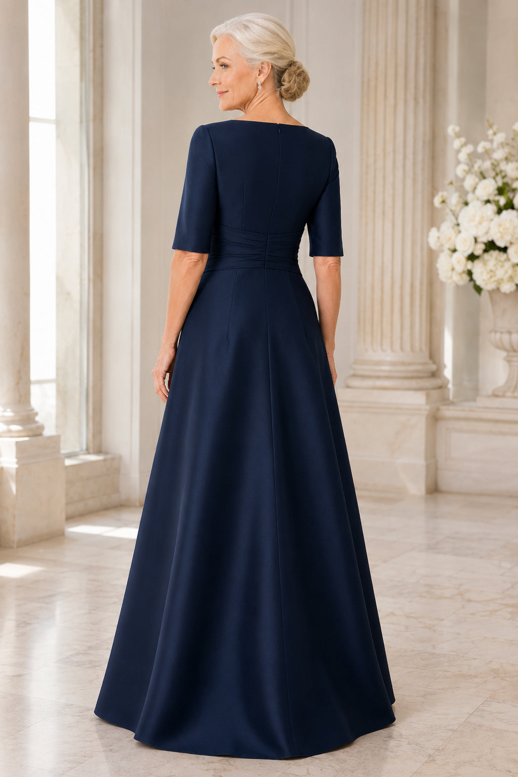 Dark Navy Square Neck Satin A-Line Mother Dress with Half Sleeves back view