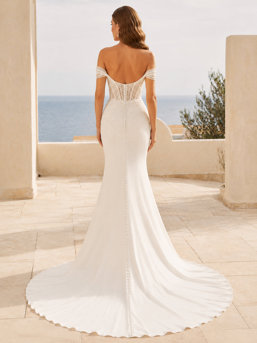 Beach Satin Wedding Dress Mermaid Off Shoulder Floor Length Low V Back Bridal Gown back view