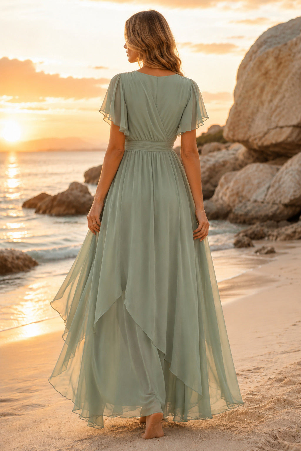 Sage V-Neck Flutter Sleeve Chiffon Formal Dress back view