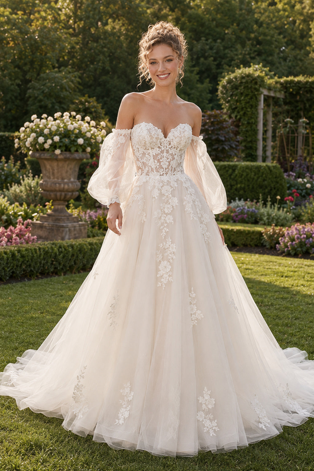 Wedding A-Line Tulle Dress with Off-Shoulder Puff Sleeves and Lace Bodice front view