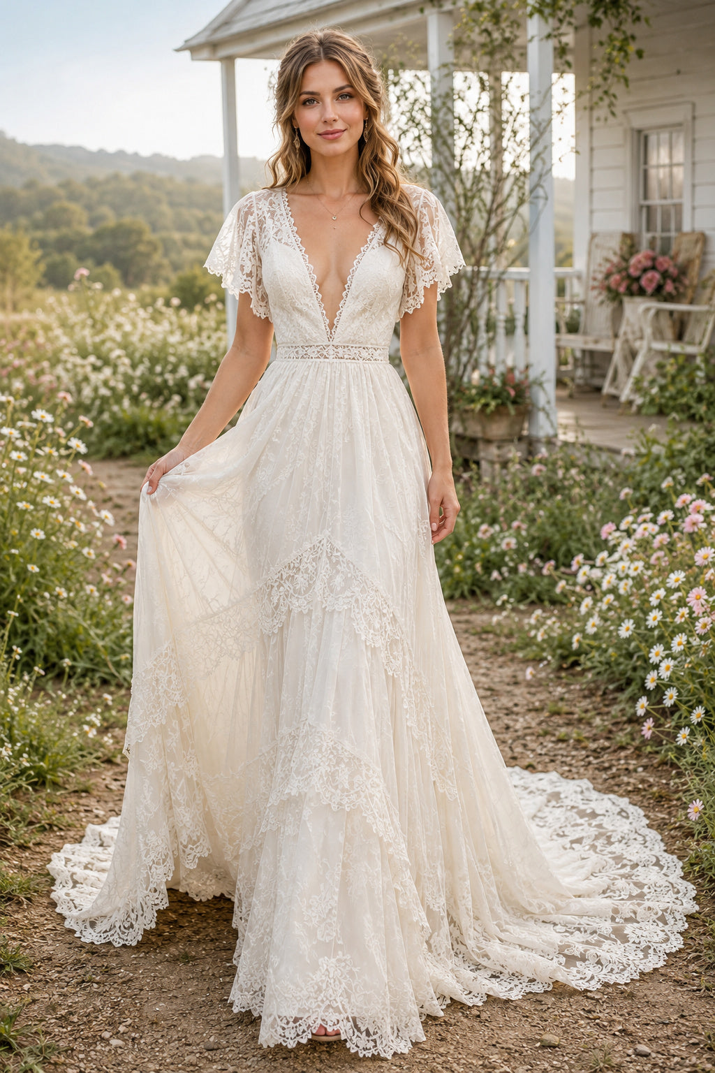 Deep V Flutter Sleeve A-Line Wedding Dress with Lace Waist and Sweep Train for Rustic Garden Ceremony front view