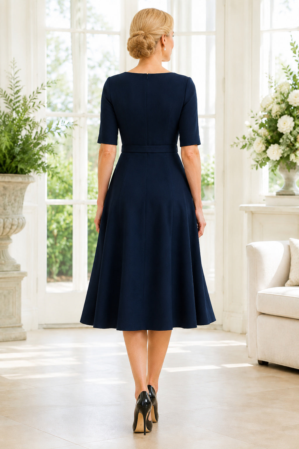 Dark Green Modest Cocktail Sheath Dress back view