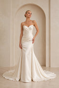 Ruched Strapless Satin Mermaid Wedding Dress with Sweep Train front view