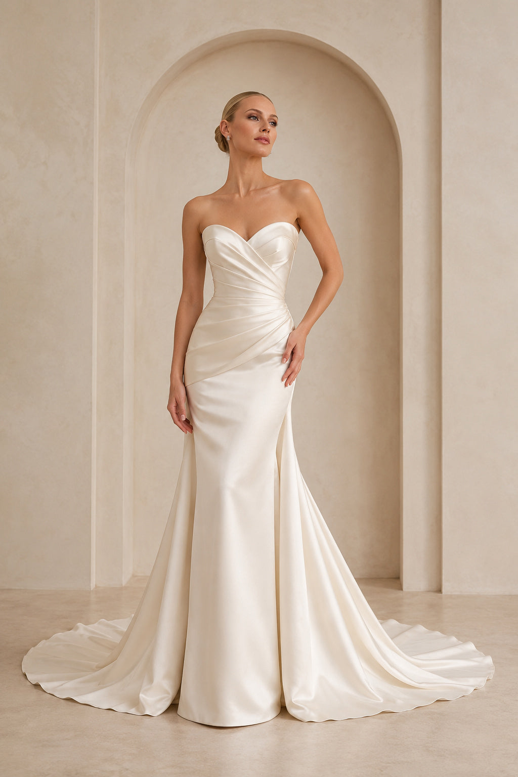 Ruched Strapless Satin Mermaid Wedding Dress with Sweep Train front view