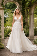 Wedding A-Line Tulle Dress with V-Neck Lace Bodice and Chapel Train Style 720816 front view
