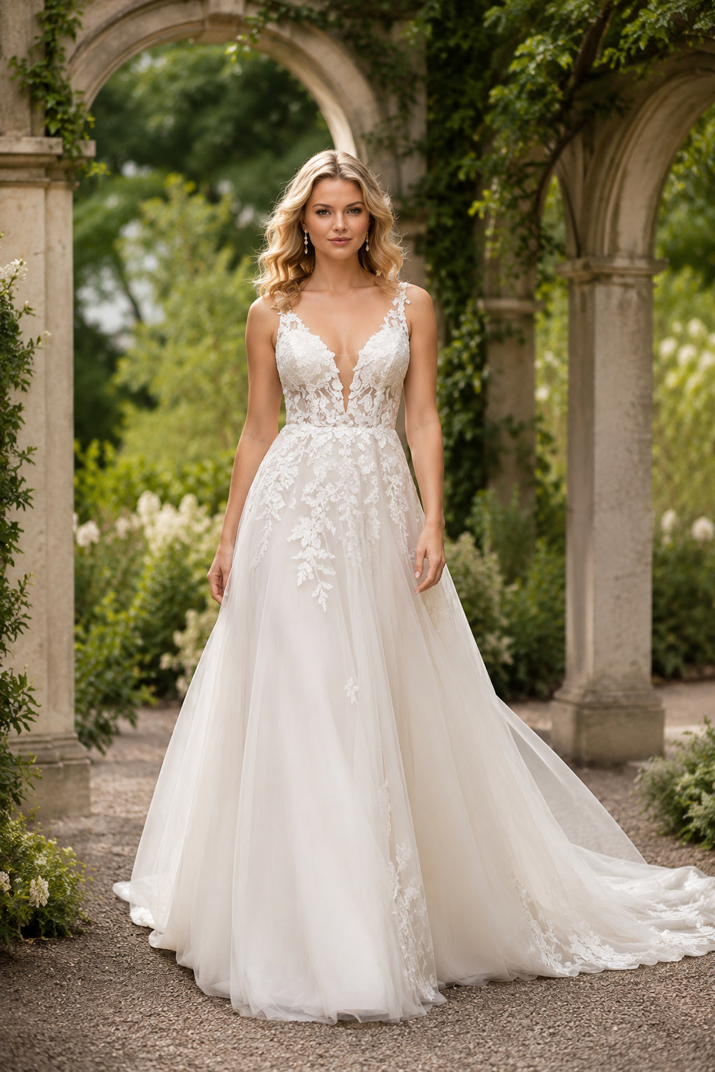 Wedding A-Line Tulle Dress with V-Neck Lace Bodice and Chapel Train Style 720816 front view