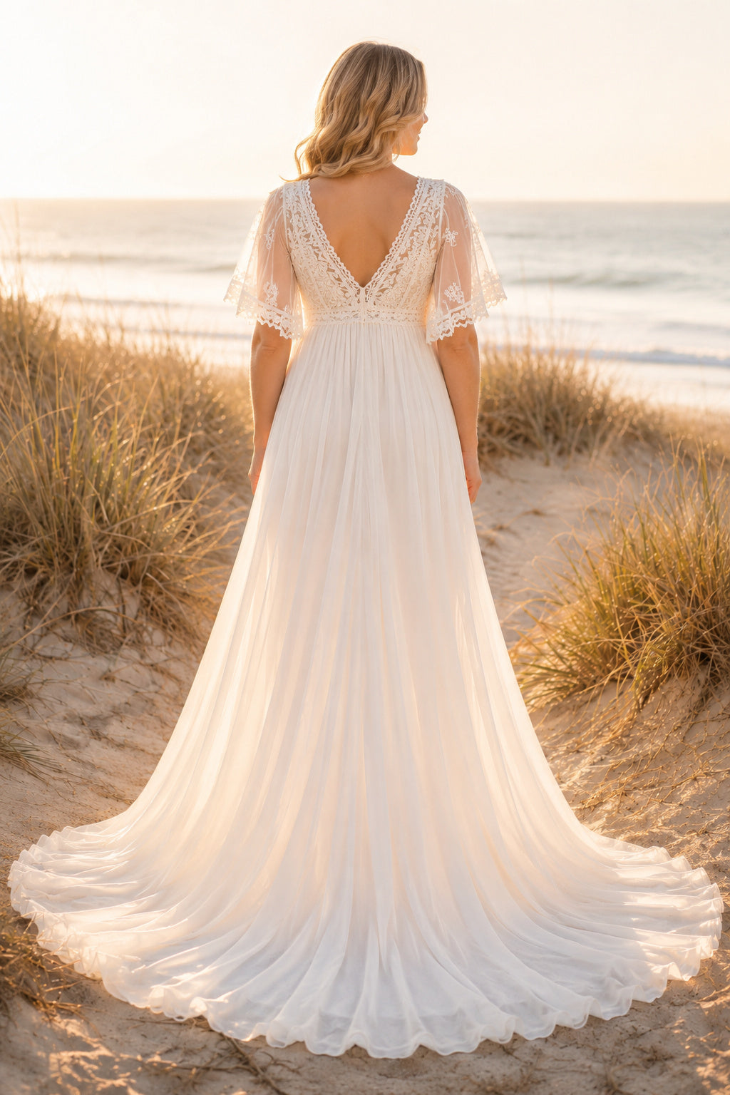 Ivory Cap Sleeve Lace Maternity Beach Wedding Dress with V-Neck back view