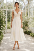 Ivory V-Neck Lace Chiffon Tea Length Wedding Dress for Wedding Reception and Party front view