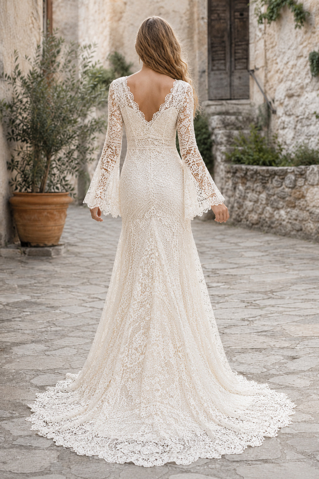 Ivory Long Bell Sleeve Lace Mermaid Wedding Dress Chapel Train for Wedding Ceremony and Reception back view