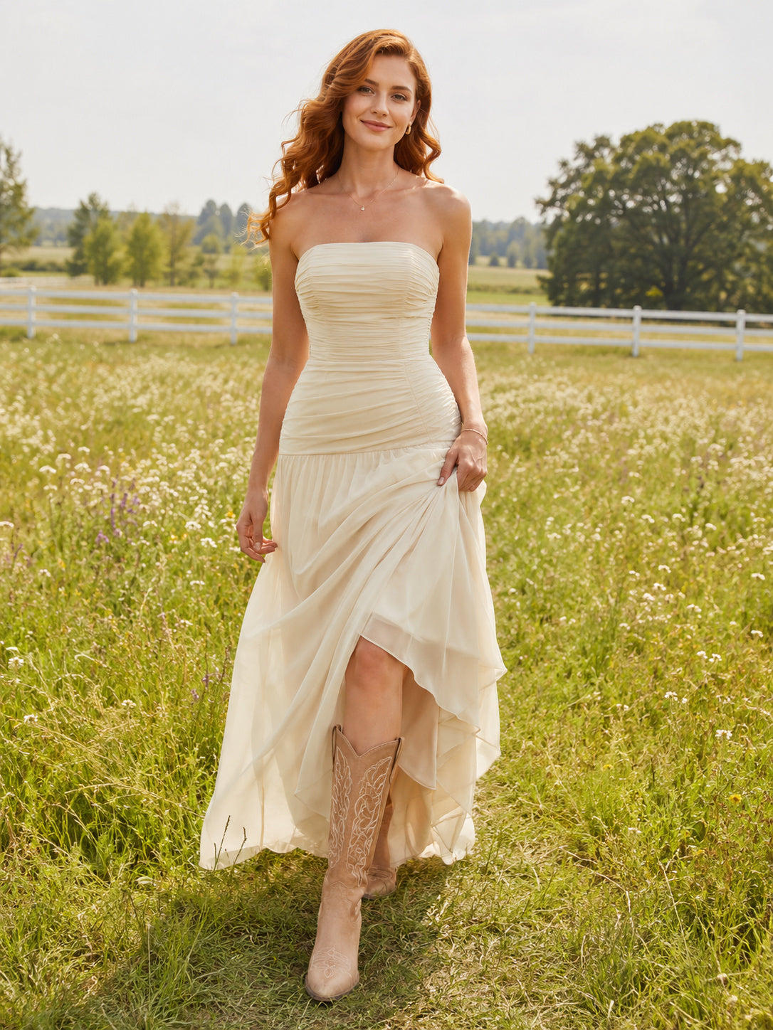 Casual Strapless Sheath Wedding Dress with Ruched Bodice and High-Low Hem Simple Chiffon front view
