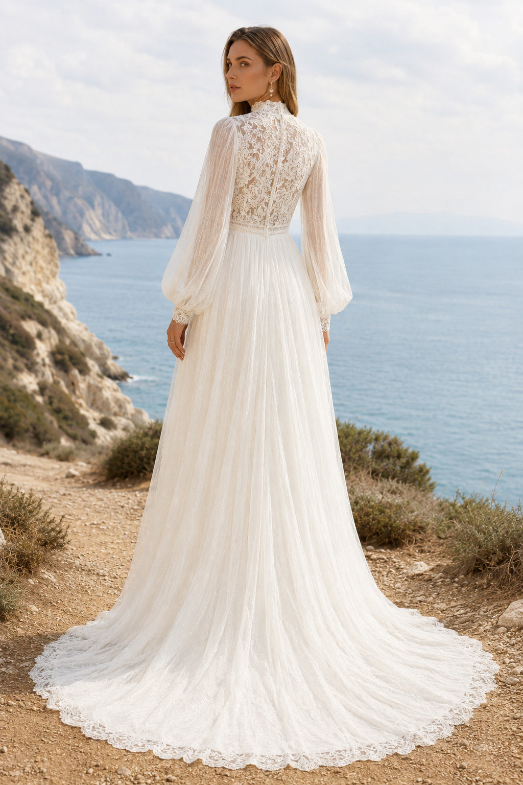 Ivory Modest High Neck A-Line Soft Tulle Wedding Dress with Long Puff Sleeves and Chapel Train back view