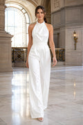 White Halter Ruched Satin Wedding Jumpsuit front view