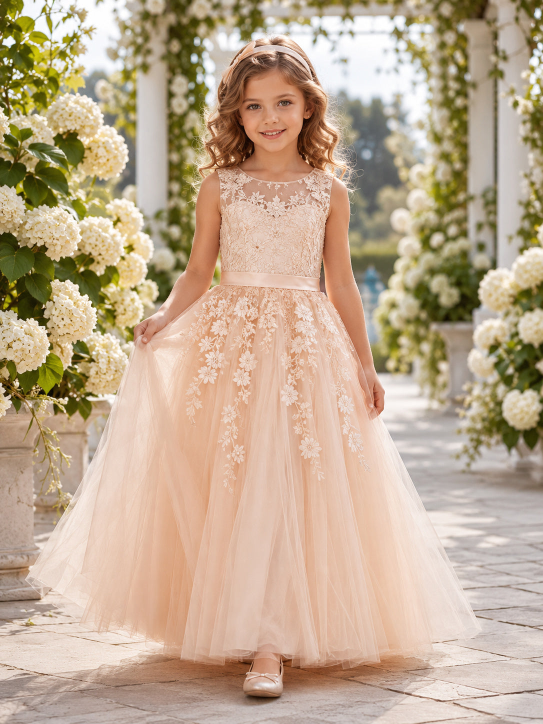 Blush Floral Tulle A-Line Flower Girl Dress with Tea-Length Skirt front view