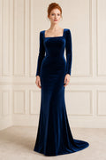 Dark Navy Long Sleeve Velvet Mermaid Formal Gown with Square Neckline and Sweep Train front view