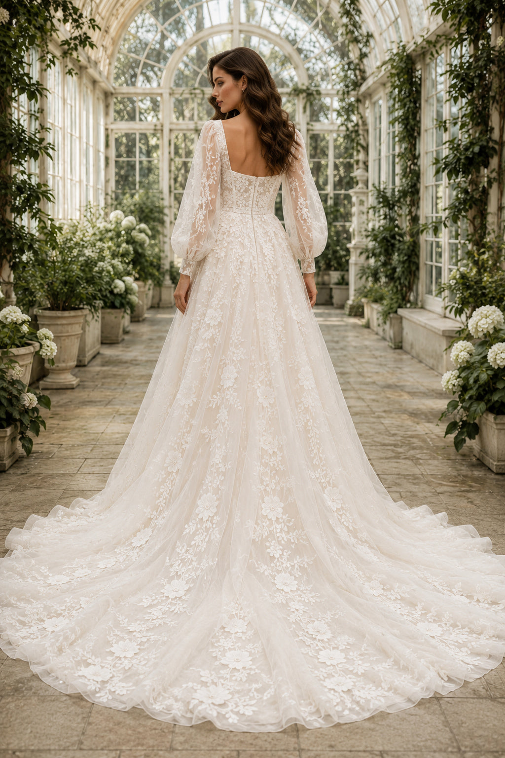 Ivory Long Sleeve Floral Applique A-Line Wedding Dress with Square Neckline back view