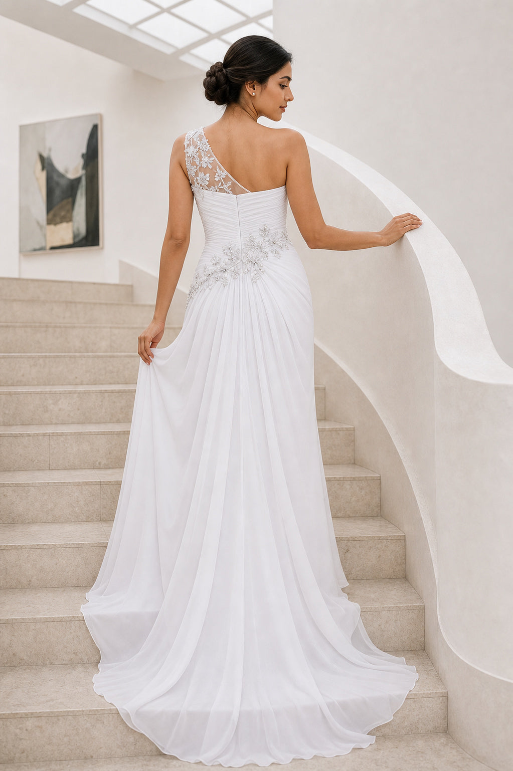 White One-Shoulder A-Line Chiffon Floor-Length Dress With Sequined Lace Bodice