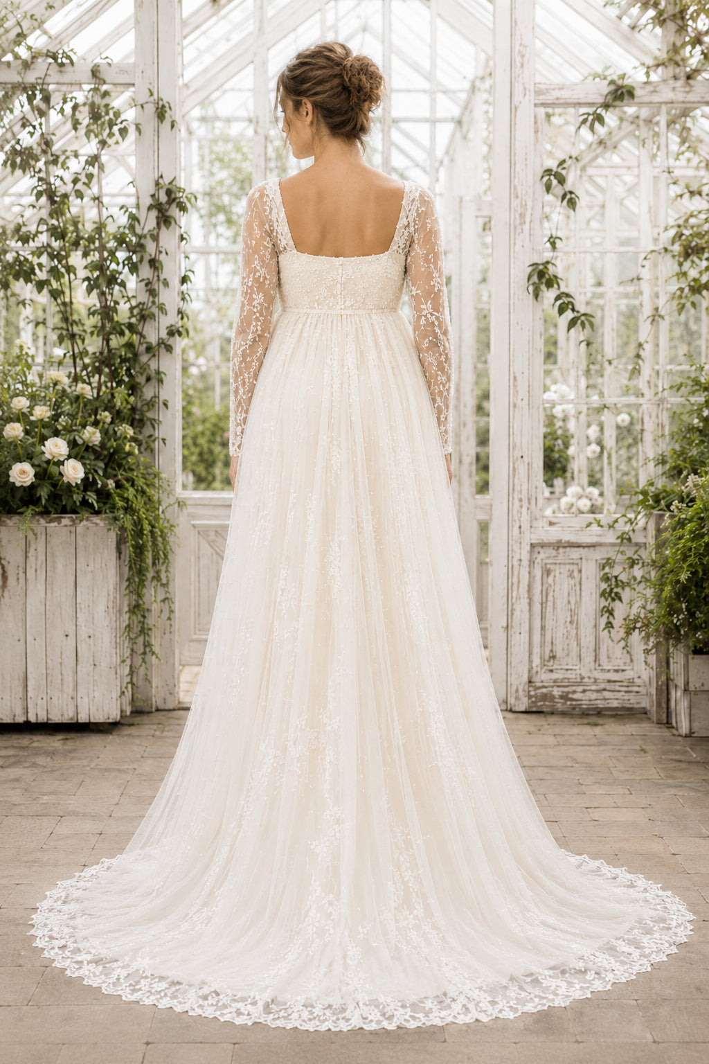 Ivory Maternity Square Neck Long Sleeve Lace A-Line Wedding Dress with Tulle Train Style MG_701164 back view