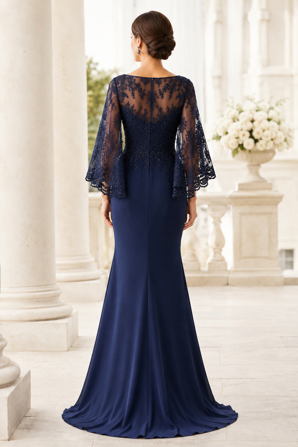 Dark Navy Lace Sleeve Mermaid Mother of the Bride Dress with Bell Sleeves back view