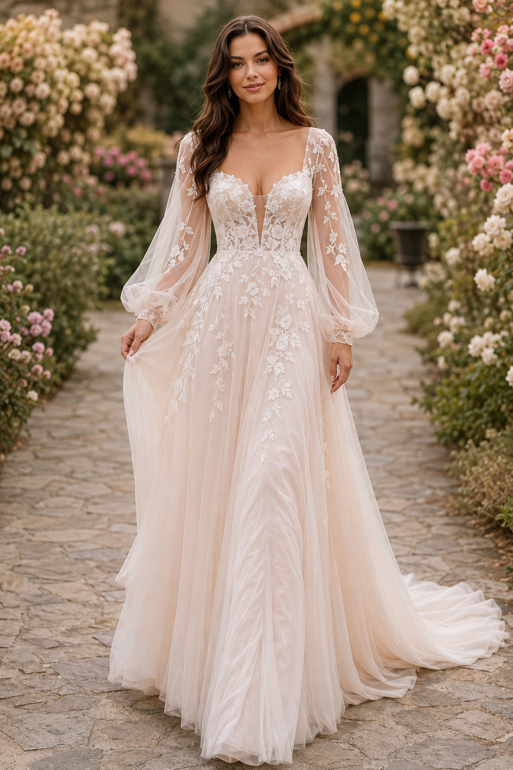 Ivory Long Poet Sleeve Applique Tulle A-Line Wedding Dress for Wedding Ceremony and Reception front view