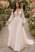 Ivory Long Poet Sleeve Applique Tulle A-Line Wedding Dress for Wedding Ceremony and Reception front view