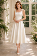 Square Neck Satin Tea-Length A-Line Cocktail Dress with Wide Straps front view