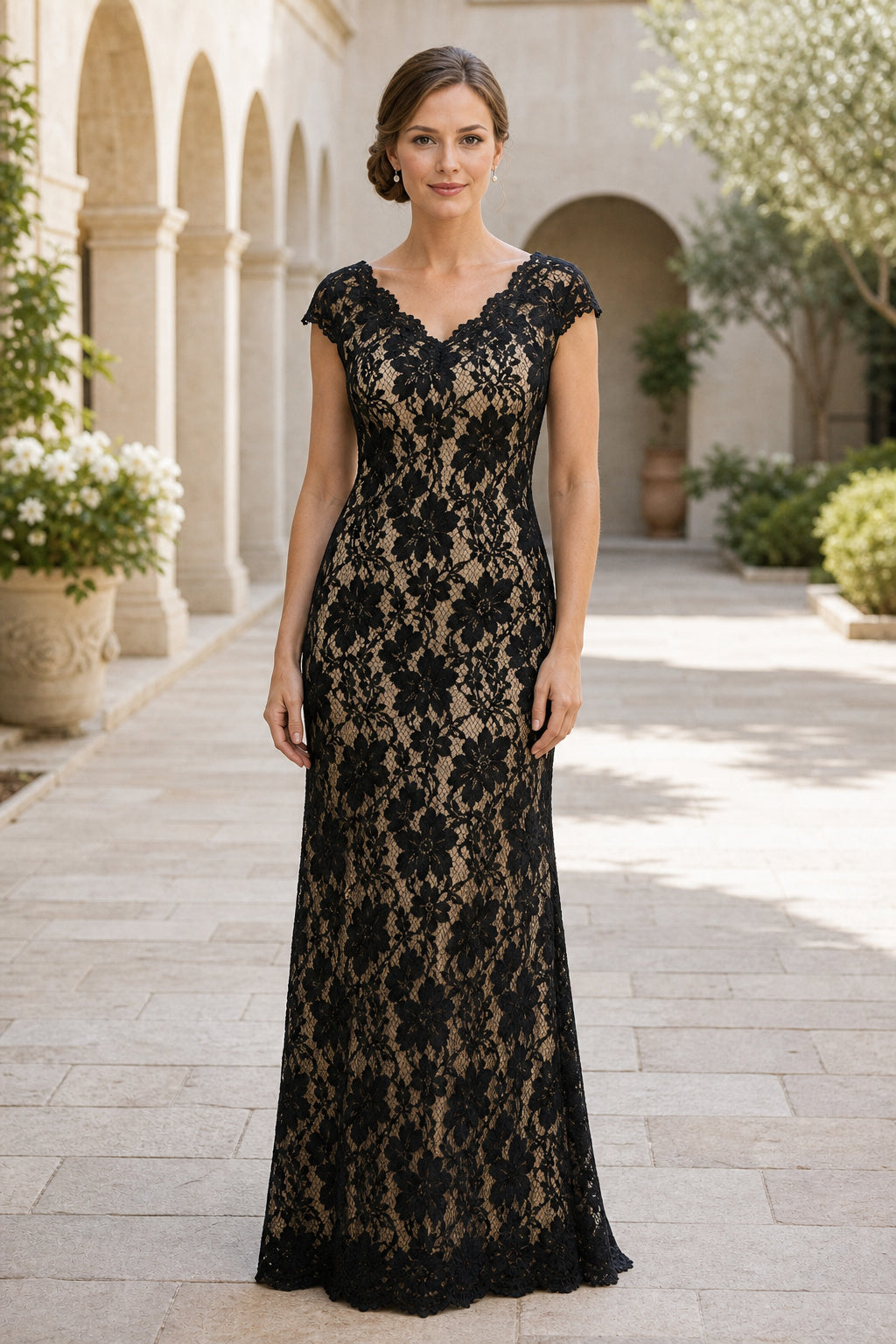 Black V-neck Cap Sleeve Mermaid Lace Floor-Length Dress With V-back