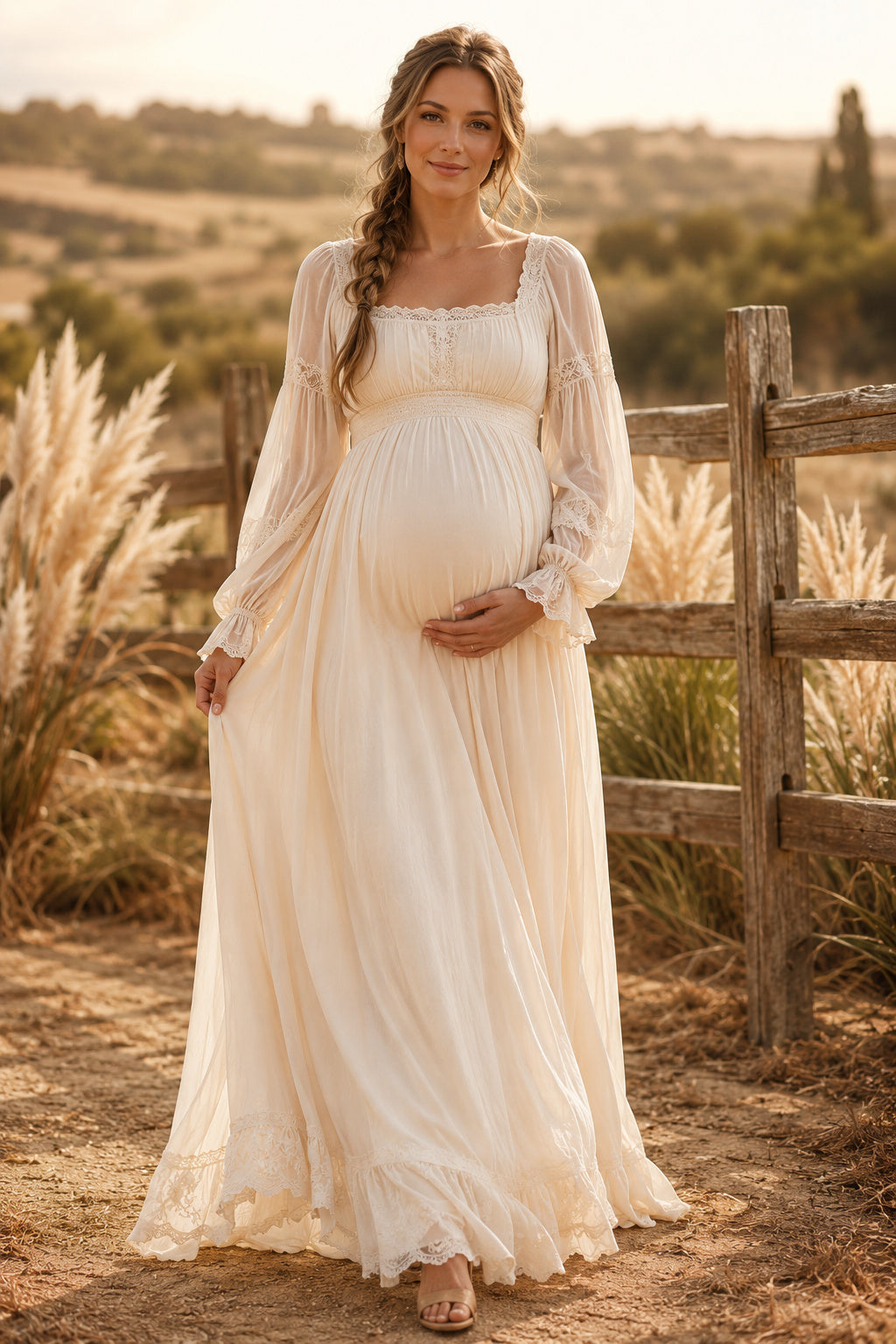 Champagne Square Neck Puff Sleeve Maternity Wedding Dress with Chiffon Skirt front view