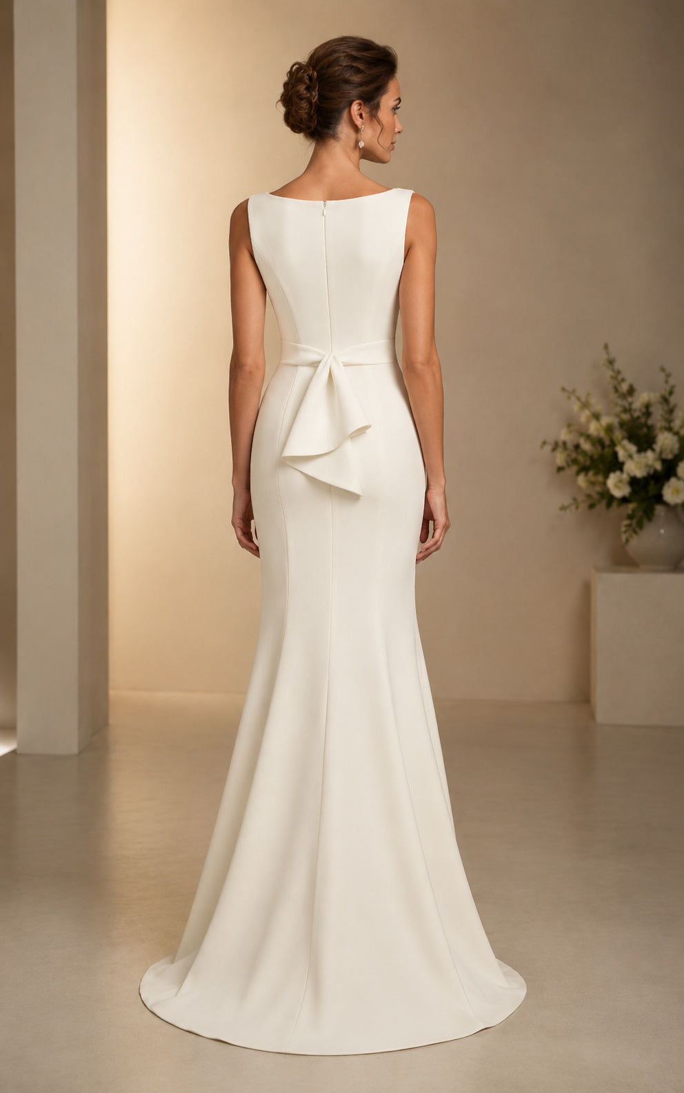 Crepe Formal Gown with Bateau Neckline Mermaid Dress and Bow Back back view