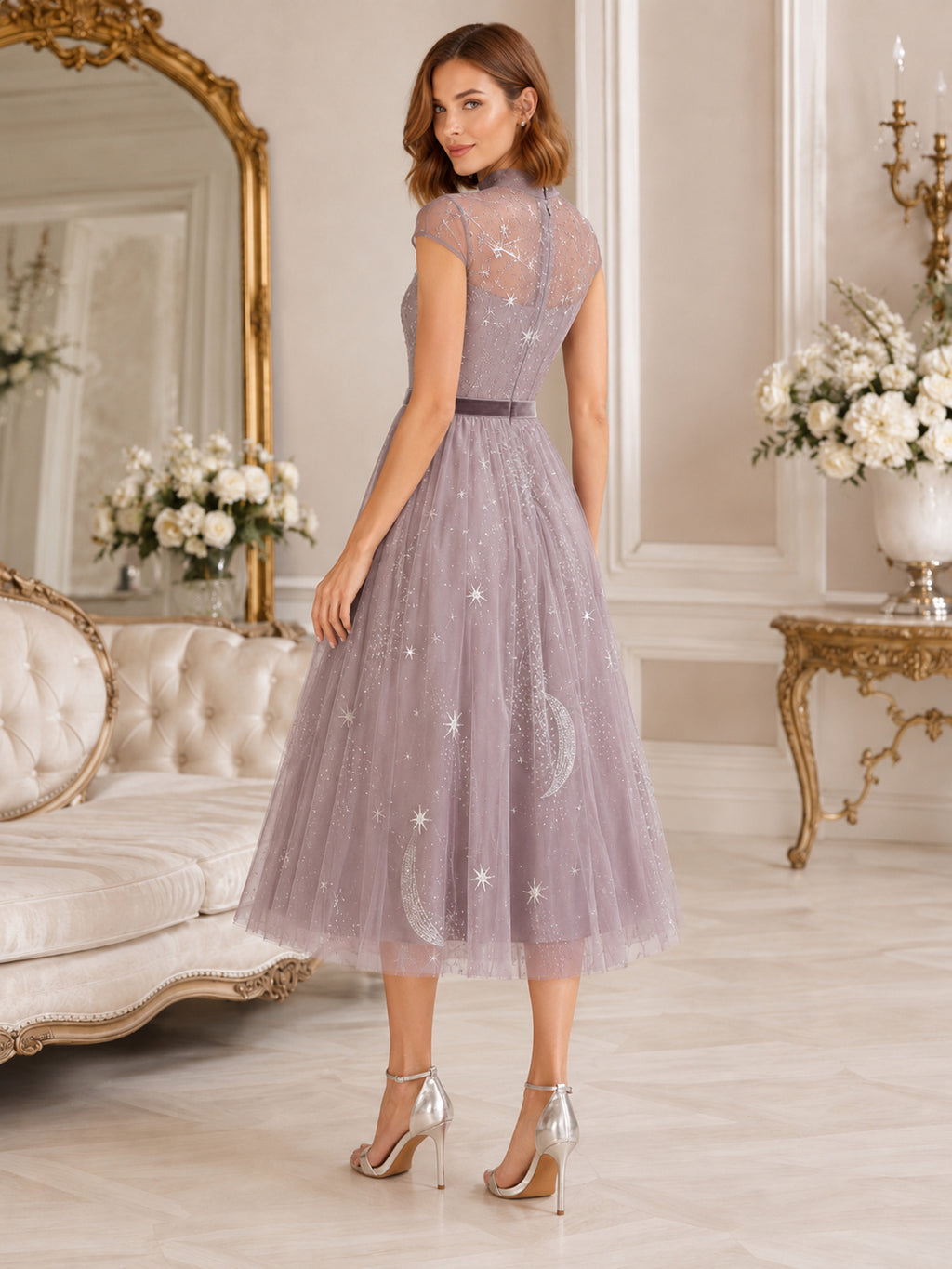 Wisteria High Neck Cap Sleeve Celestial Tulle A Line Tea Guest Dress back view