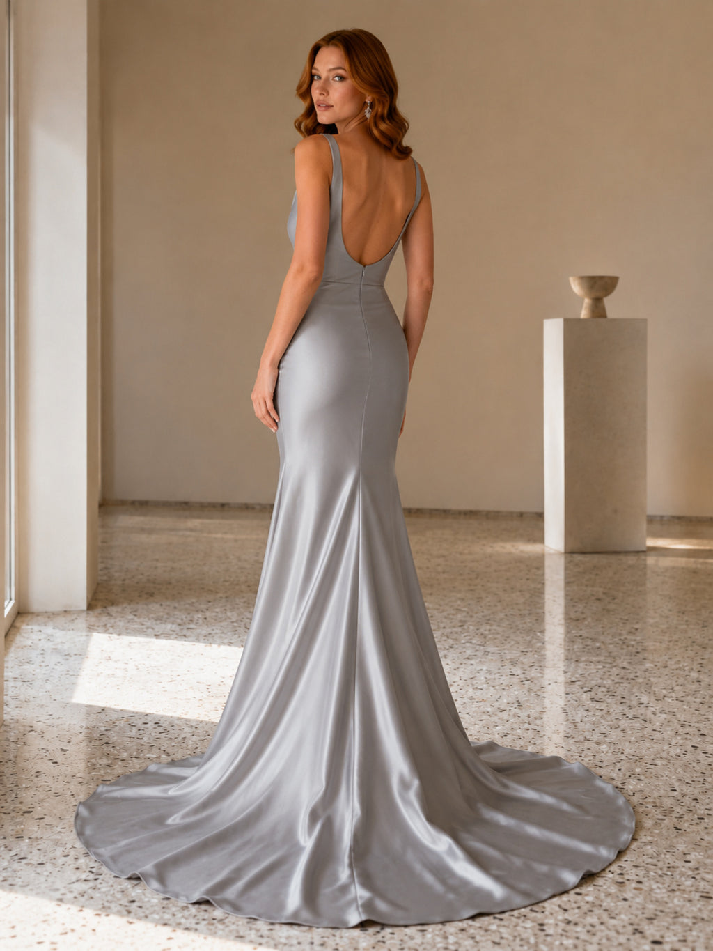 Steel Grey Cowl Neck Spaghetti Strap Satin Sheath Sweep Wedding Dress back view