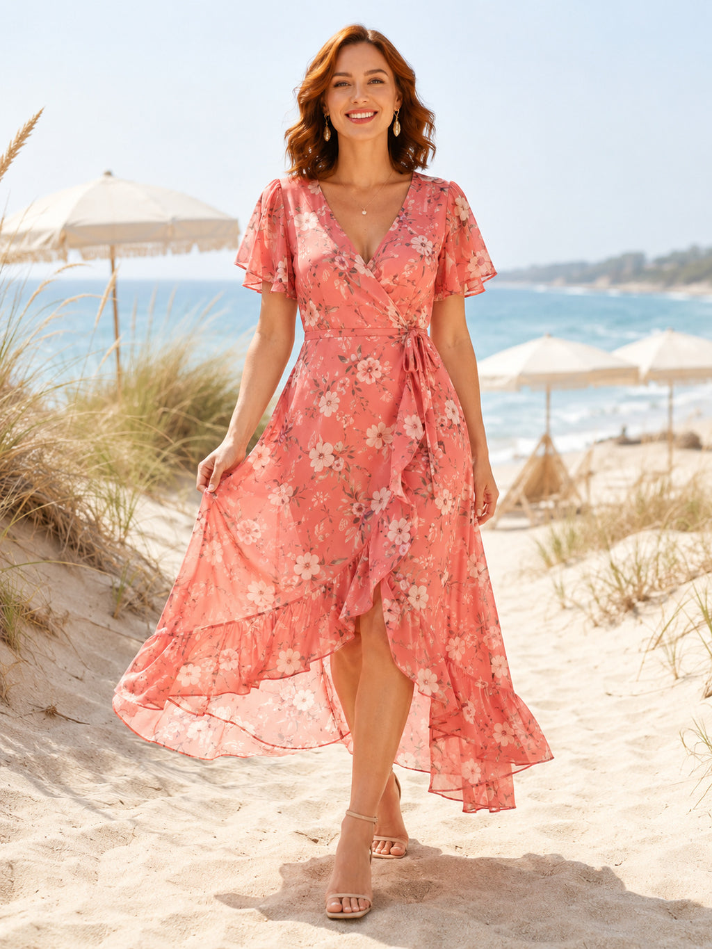 Coral Seaside Wedding Guest Dress A-Line Chiffon V-Neck Short Sleeve Tea-Length Asymmetrical Floral Ruffle back view