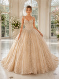 Champagne Luxury Straps Sweetheart Crystal Glitter Tulle Cathedral Train Quinceanera Ball Gown front view
