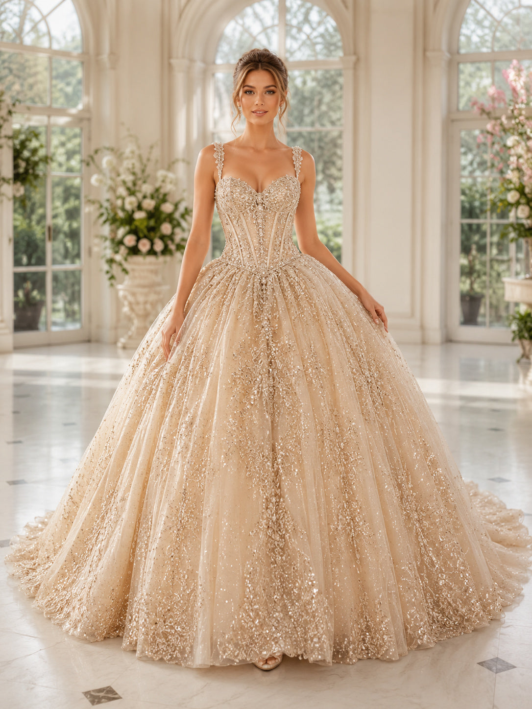 Champagne Luxury Straps Sweetheart Crystal Glitter Tulle Cathedral Train Quinceanera Ball Gown front view