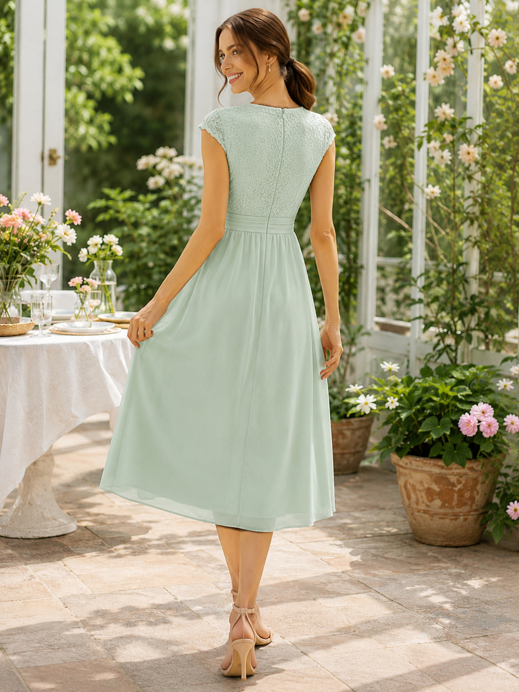Mint Green Cap Sleeve V Neck A Line Brunch Midi Dress back view