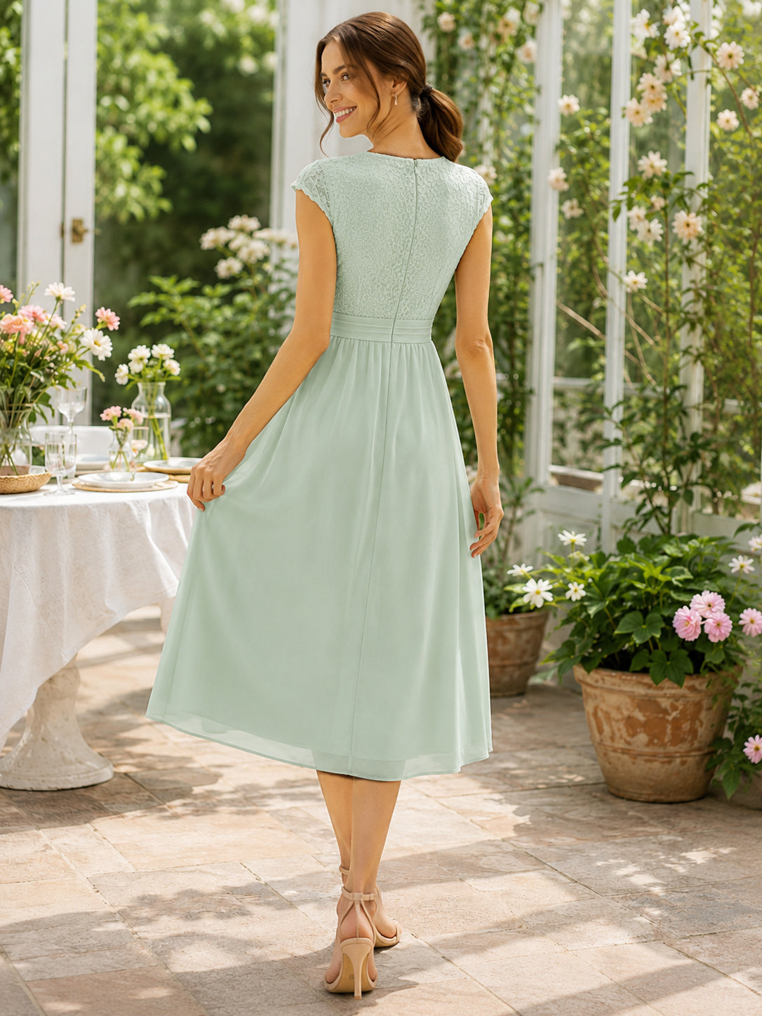 Mint Green Cap Sleeve V Neck A Line Brunch Midi Dress back view