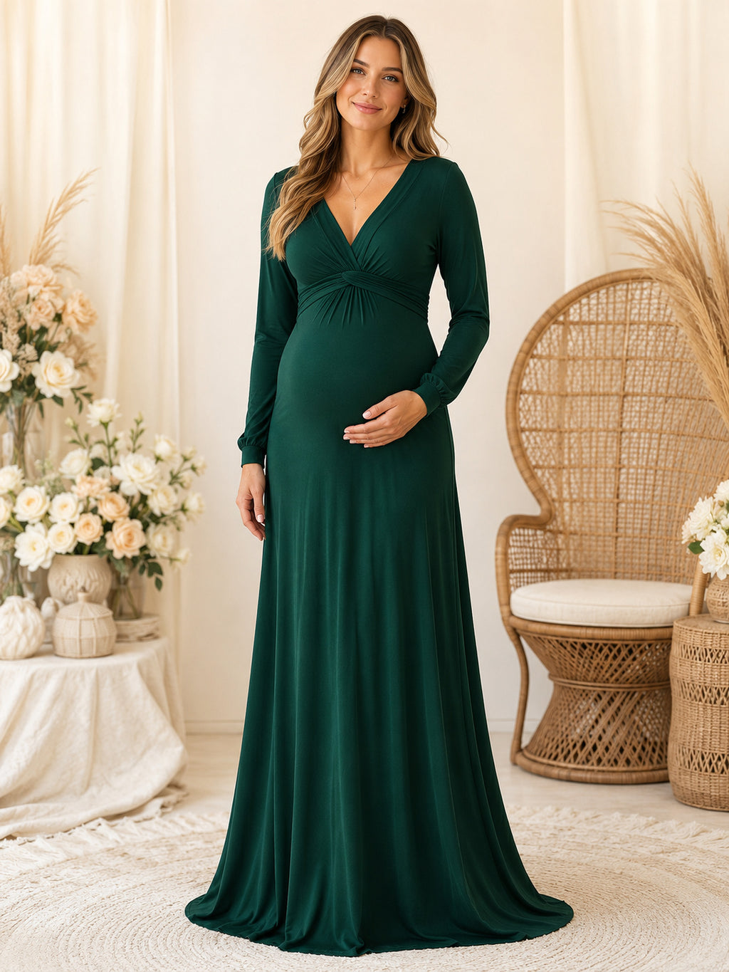 Dark Green Maternity Long Sleeve V Neck Sheath Jersey Floor Length Modest Dress front view