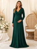 Dark Green Maternity Long Sleeve V Neck Sheath Jersey Floor Length Modest Dress front view