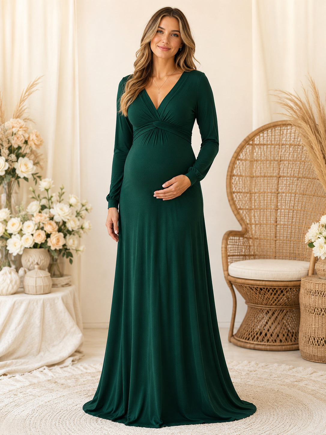 Dark Green Maternity Long Sleeve V Neck Sheath Jersey Floor Length Modest Dress front view