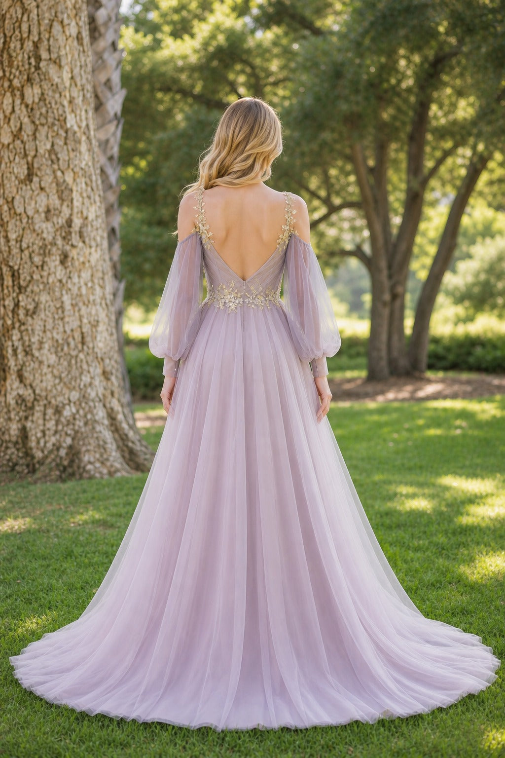 Lavender V-Neck Long Sleeve Tulle A-Line Dress