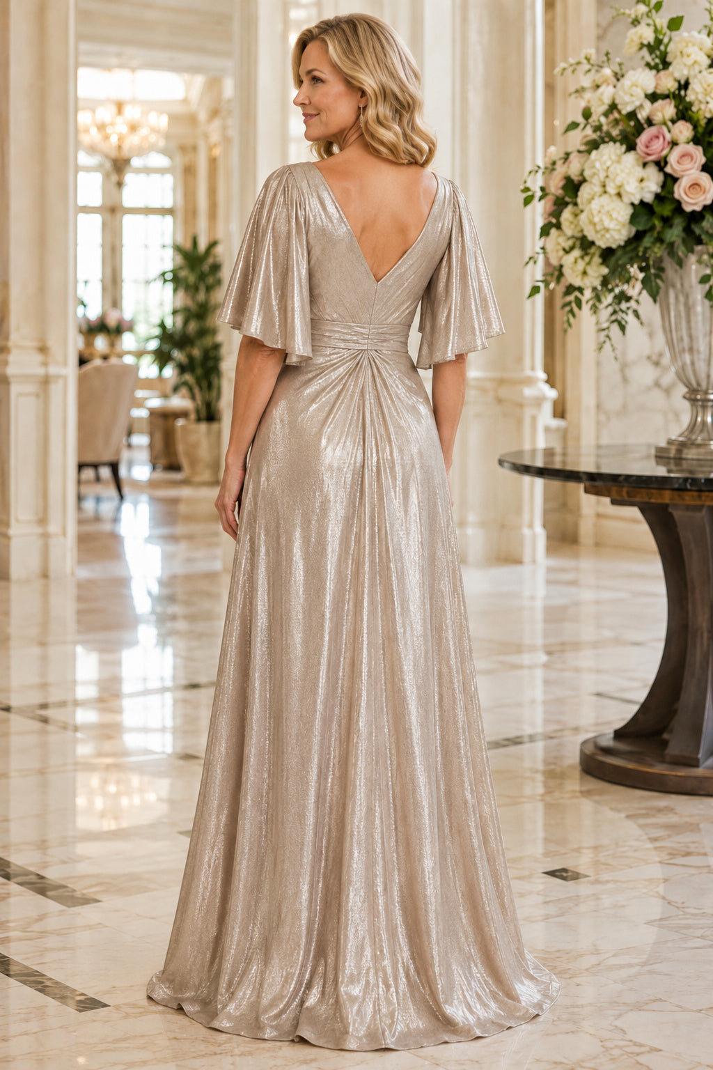 Champagne Metallic V-Neck A-Line Mother Dress with Flutter Sleeves and Pleated Skirt back view